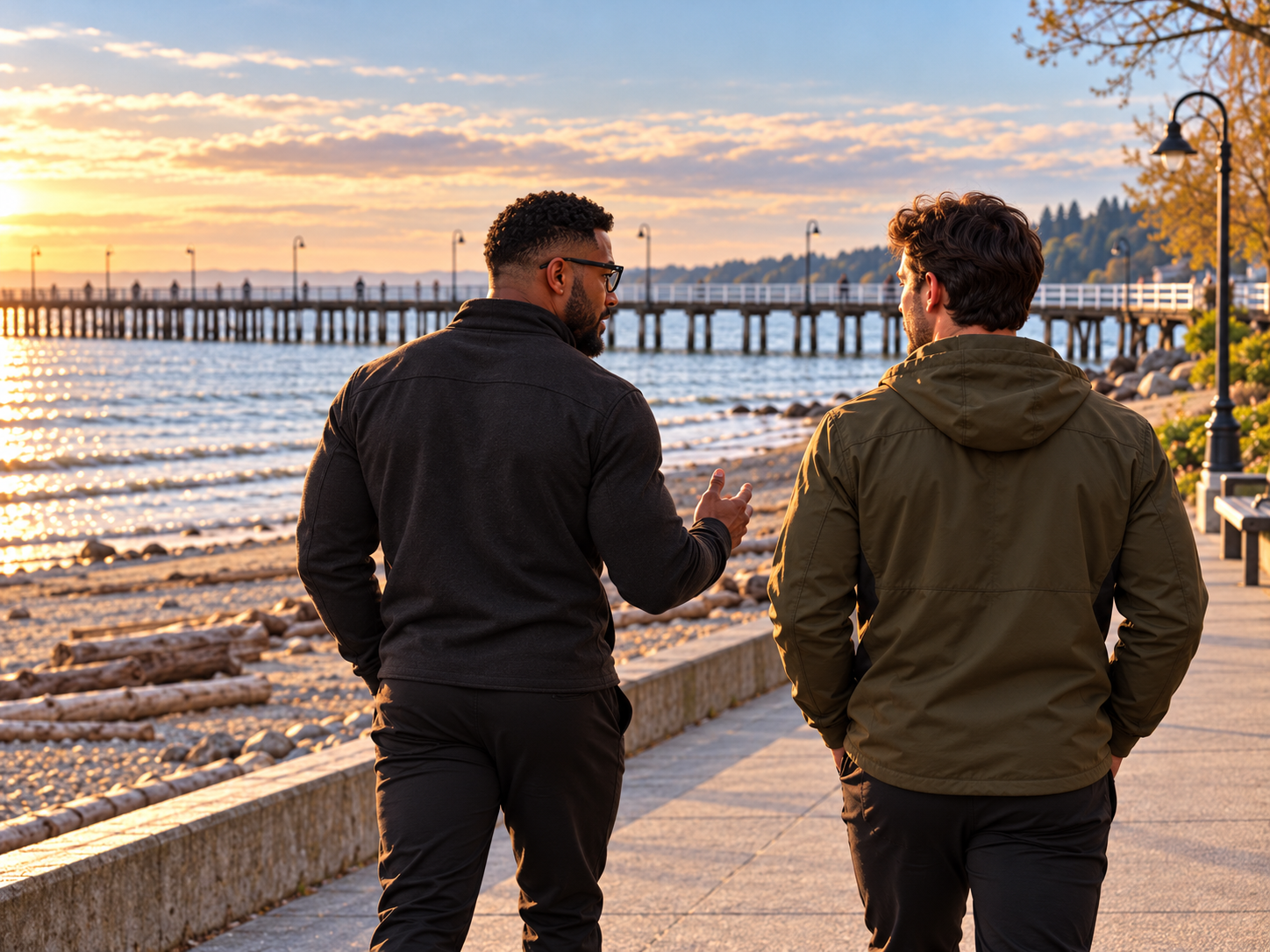Coach AJ walking and talking with a client along the waterfront at sunset