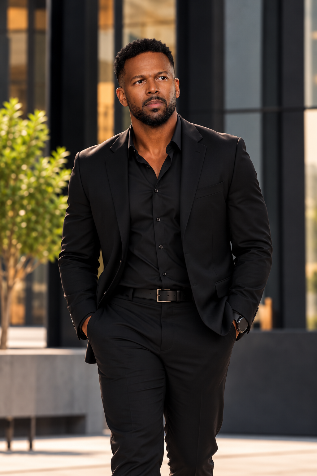 Coach AJ in a black suit outside a modern building