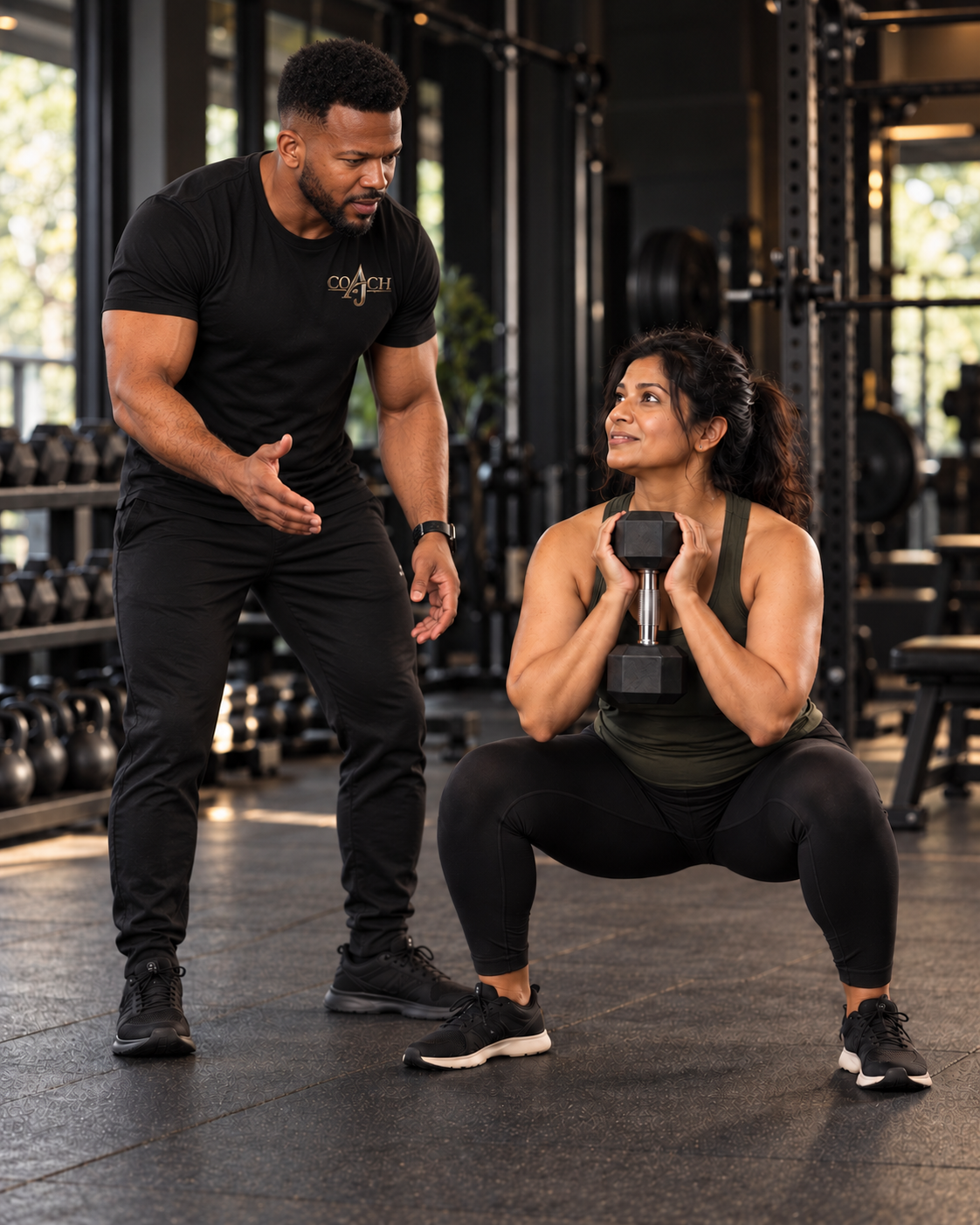 Coach AJ coaching a client through a dumbbell squat